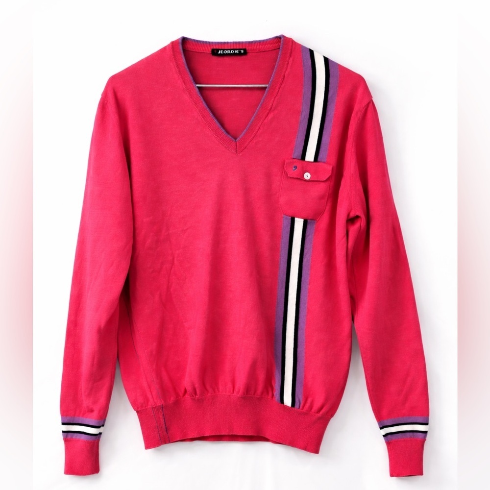 Jeordie's V-Neck Knit Sweater with Stripe Detail -
Medium (Estimated)